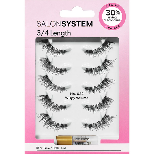 Salon System 3/4 Length Wispy Volume Strip Lashes Black 022 5 Pack