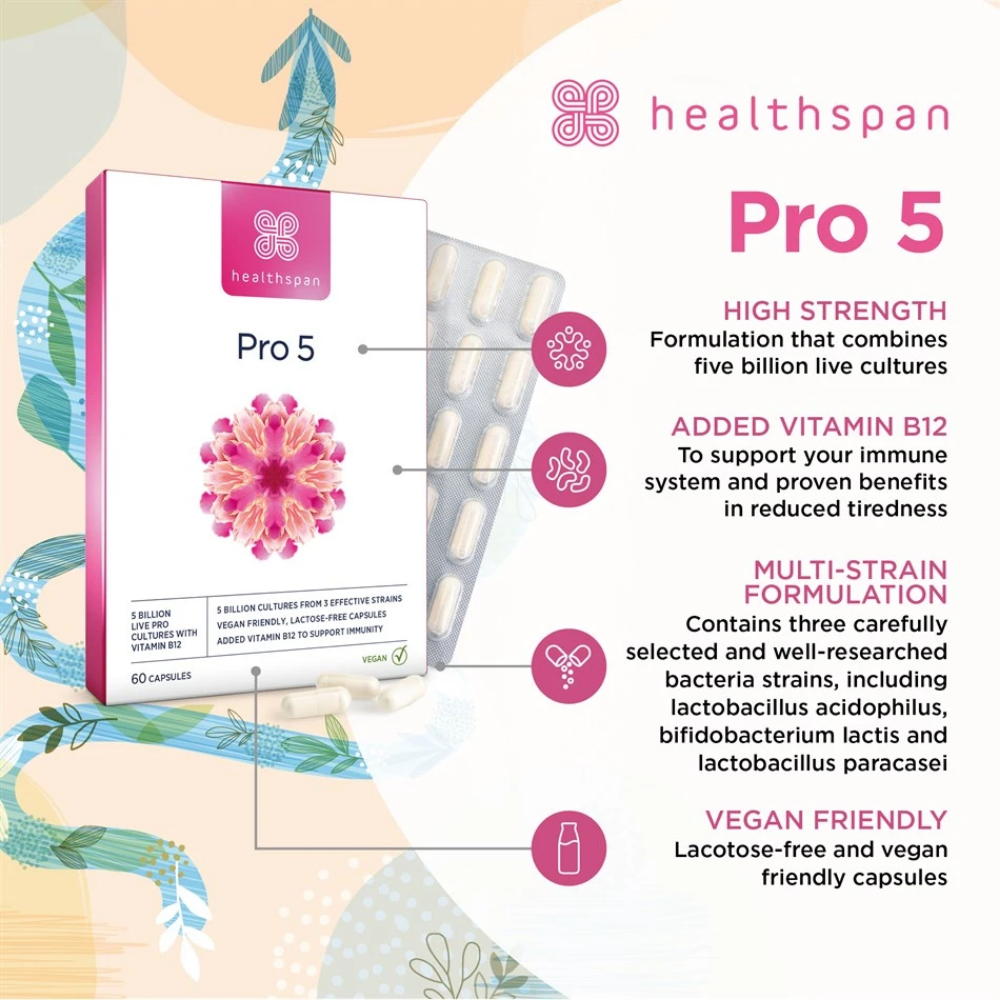 Healthspan Pro 5 Probiotic with 5 Billion Live Pro Cultures & Vitamin B12 for Immunity Support 60 Capsules