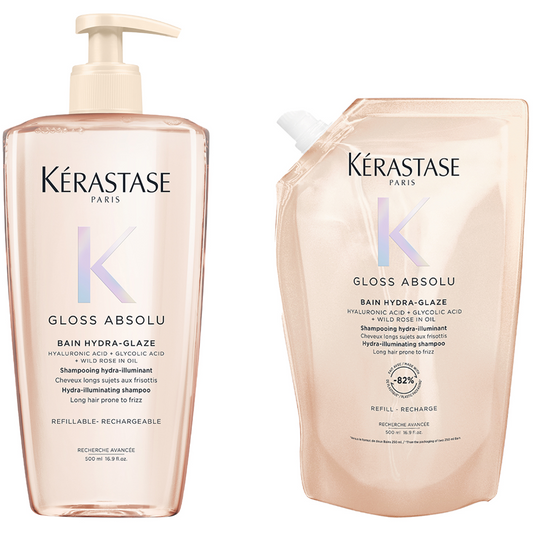 Kérastase Gloss Absolu Bain Hydra-Glaze Hydra-Illuminating Shampoo Refill Pouch 500ml & Refillable Bottle 500ml Twin