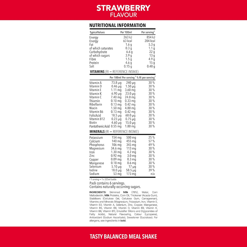 SlimFast Tasty Balanced Meal Strawberry Milkshake Multipack 6 x 325ml