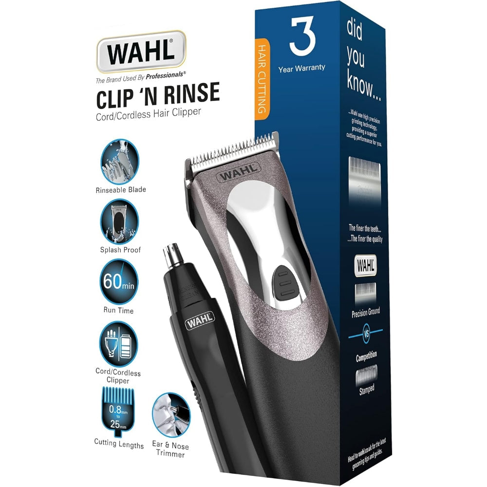 Wahl Clip N Rinse Plus Cord/Cordless Hair Clipper & Nose Trimmer Grooming Set