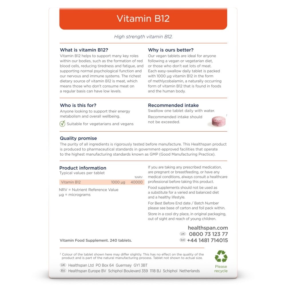 Healthspan Easy-to-Swallow Vitamin B12 1000ug 240 tablets