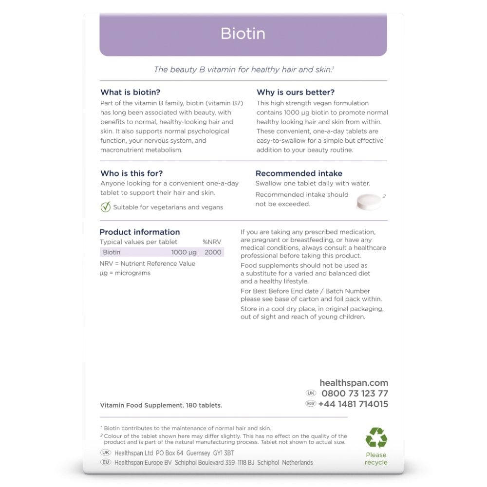 Healthspan Biotin 1,000µg Hair & Skin Support 6 Month Supply