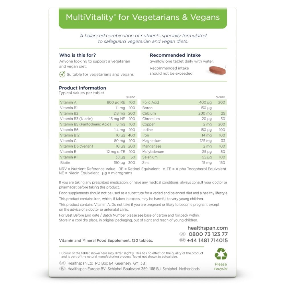Healthspan MultiVitality Vegetarian & Vegan Multivitamin 120 Tablets