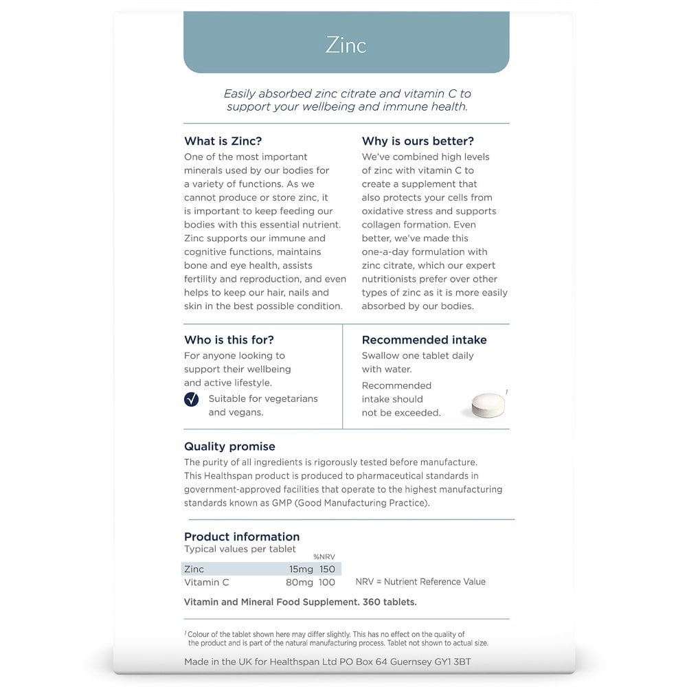 Healthspan Zinc with Vitamin C 360 Tablets