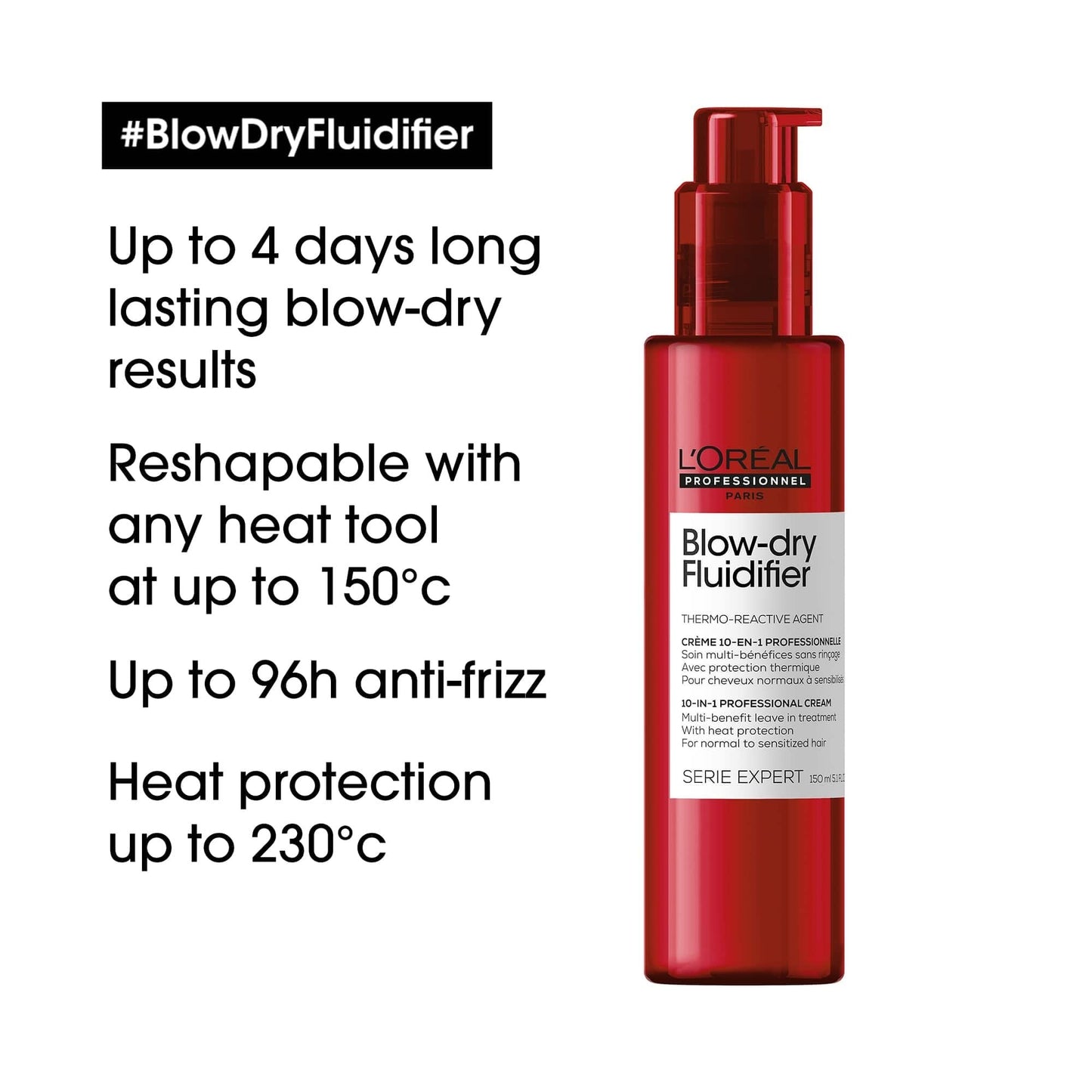 L'Oreal Professionnel Serie Expert Blow-Dry Fluidifier 10-in-1 Multi-Benefit Thermo-Reactive Leave-In Treatment Cream 150ml
