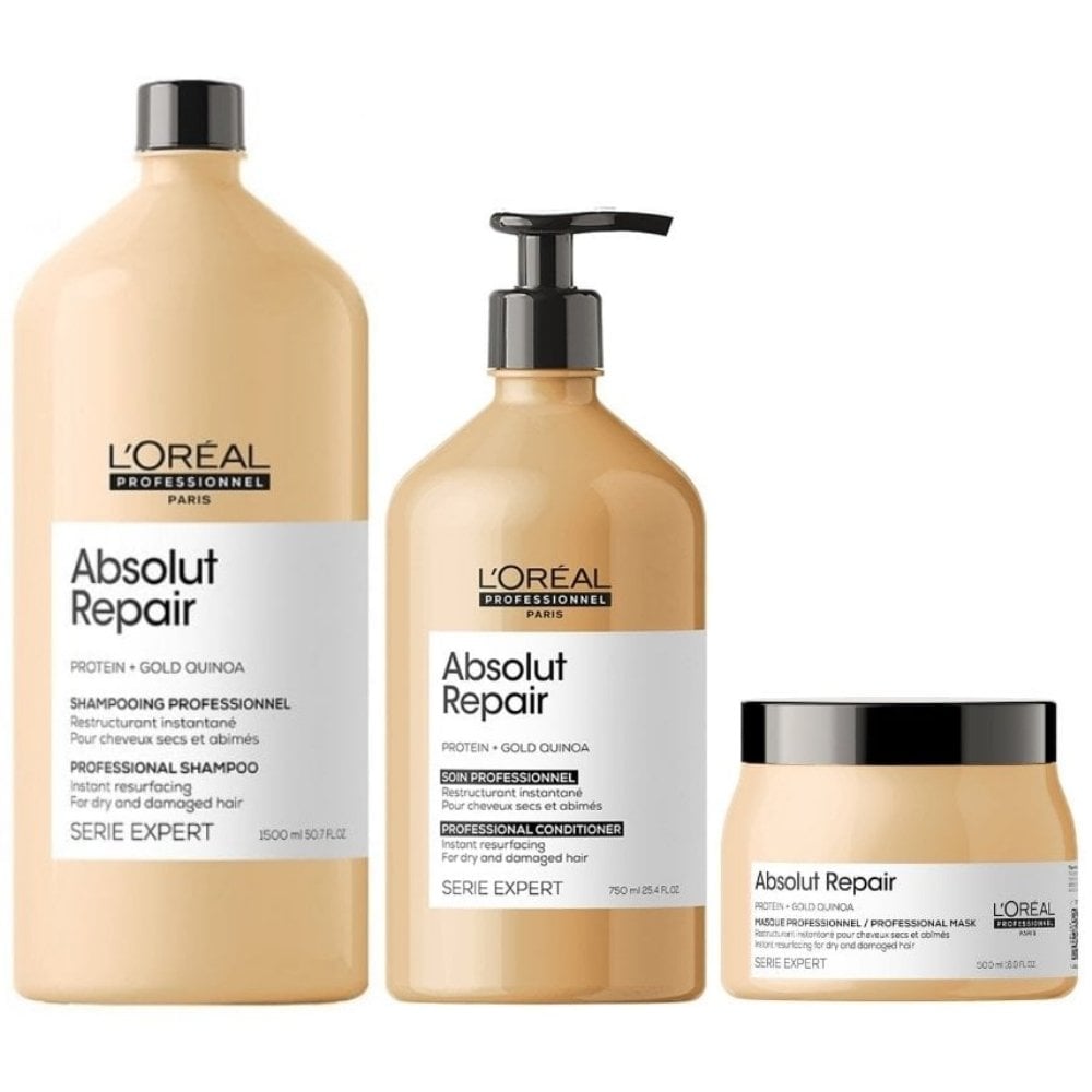L'Oreal Professionnel Serie Expert Absolut Repair Protein + Gold Quinoa Instant Resurfacing Shampoo 1500ml, Conditioner 750ml & Mask 500ml Trio
