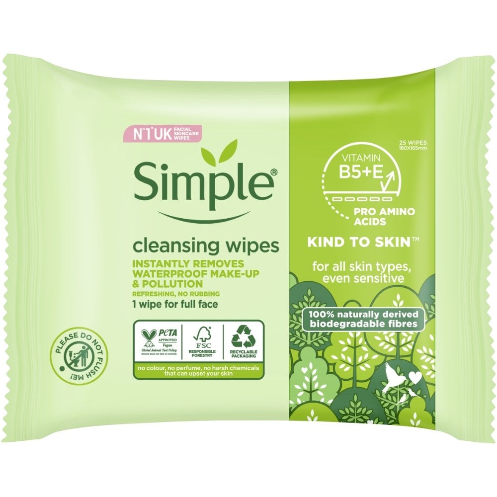 Simple Kind To Skin Cleansing Biodegradable Face Wipes Pack of 25