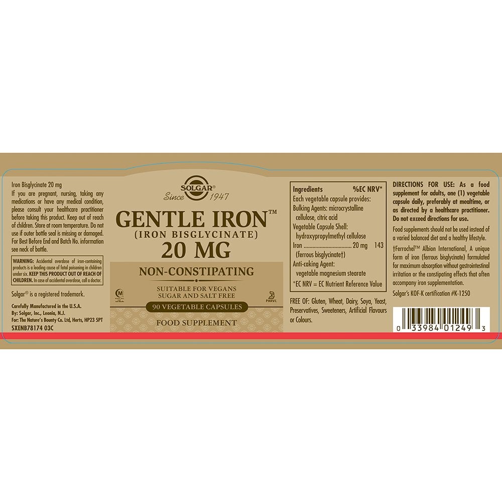 Solgar Gentle Iron Iron Bisglycinate 20 mg 90 Vegetable Capsules