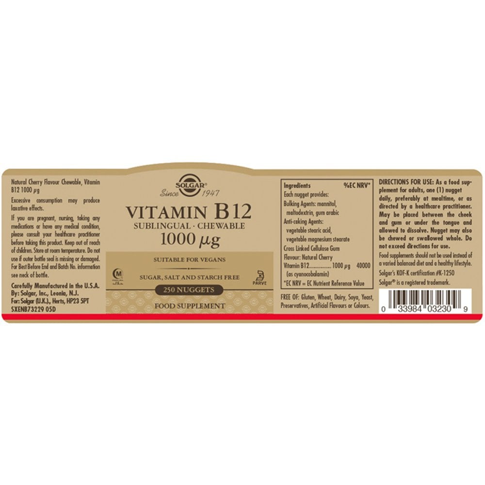 Solgar Vitamin B12 1000 µg Sublingual Chewable 100 Nuggets