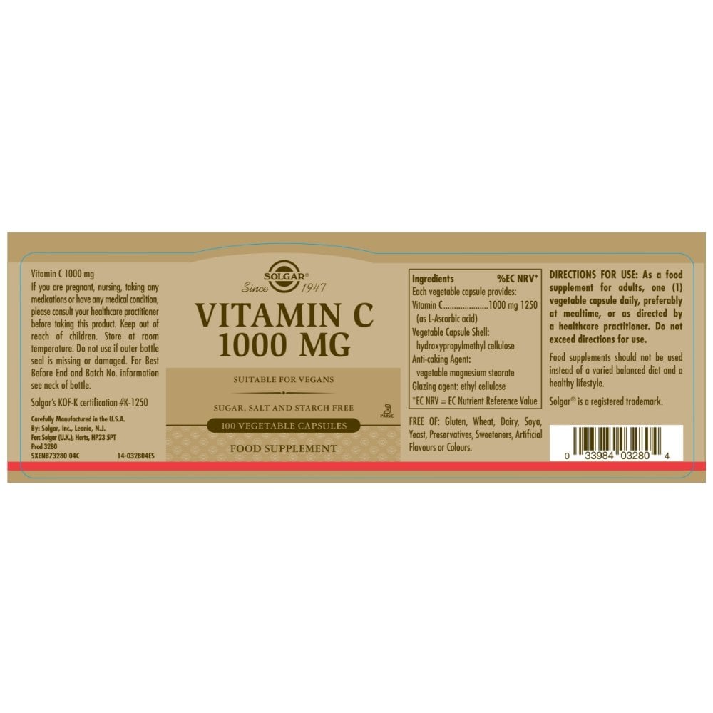 Solgar Vitamin C 1000 mg 100 Vegetable Capsules