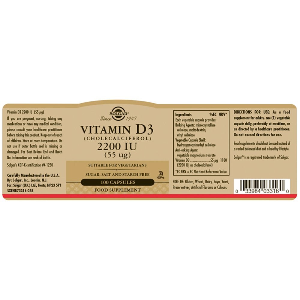 Solgar Vitamin D3 Cholecalciferol 2200 IU 55 µg 50 Vegetable Capsules