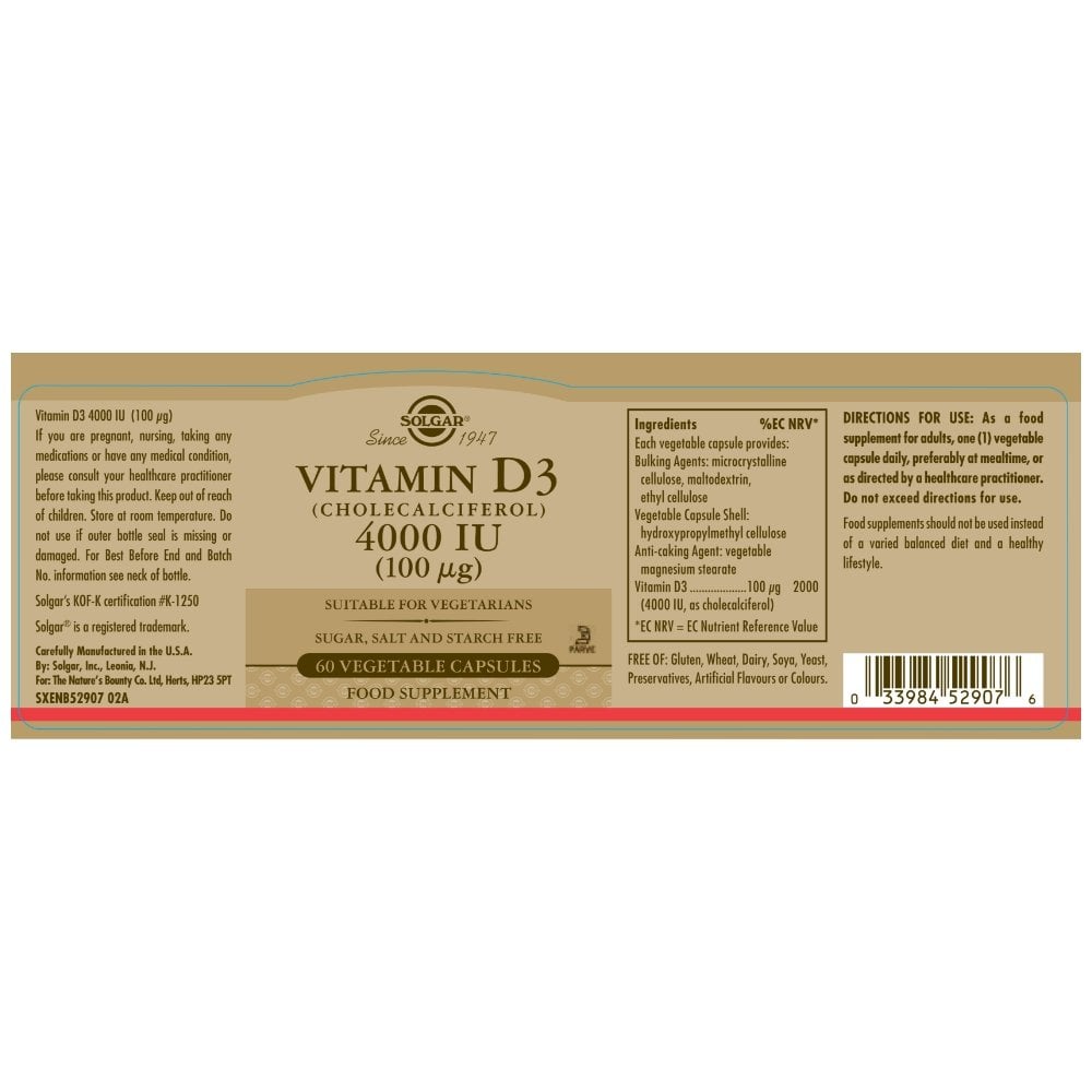 Solgar Vitamin D3 Cholecalciferol 4000 IU 100 µg 60 Vegetable Capsules