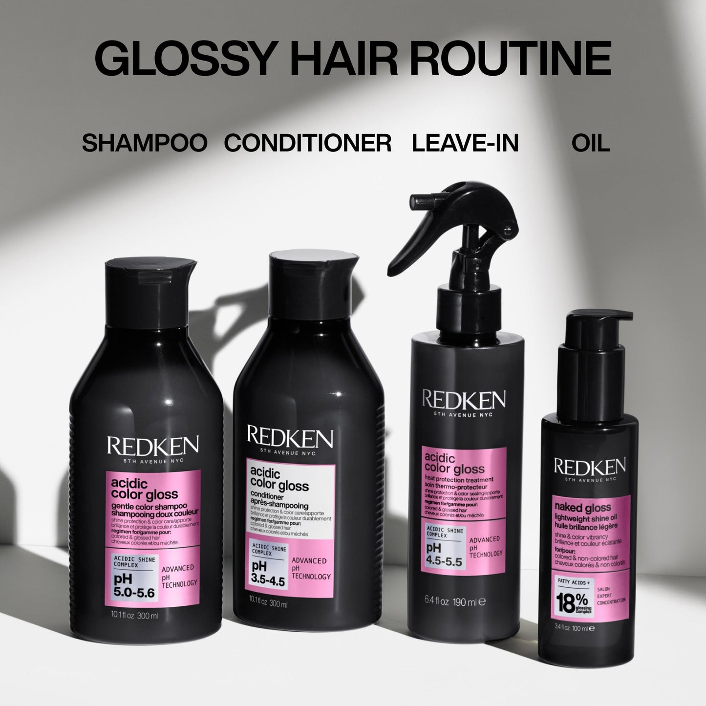 Redken Acidic Colour Gloss Shampoo 300ml, Conditioner 300ml & Naked Gloss Lightweight Hair Oil 100ml Trio
