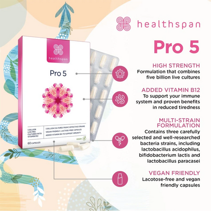 Healthspan Pro 5 Probiotic with 5 Billion Live Pro Cultures & Vitamin B12 for Immunity Support 60 Capsules