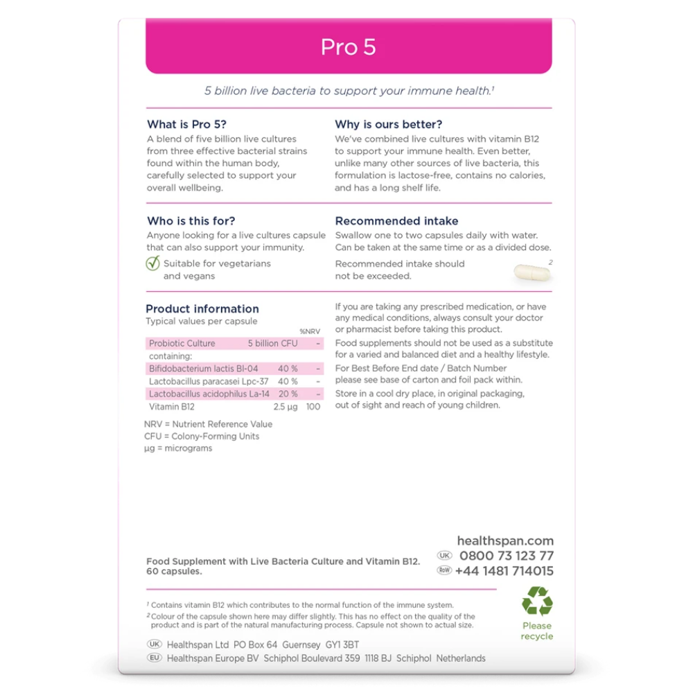 Healthspan Pro 5 Probiotic with 5 Billion Live Pro Cultures & Vitamin B12 for Immunity Support 60 Capsules