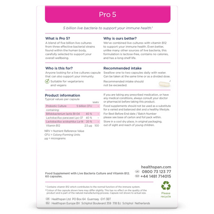 Healthspan Pro 5 Probiotic with 5 Billion Live Pro Cultures & Vitamin B12 for Immunity Support 60 Capsules