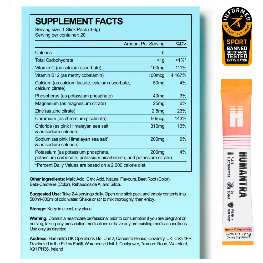Humantra Berry Pomegranate Electrolyte Powder Hydrating Supplement x20