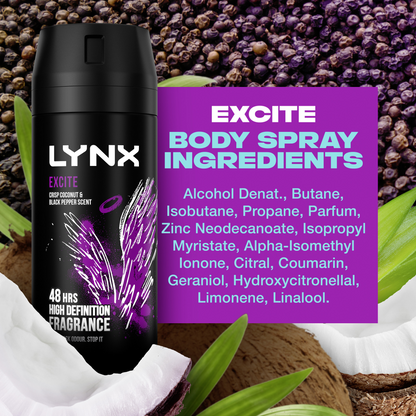Lynx Excite 48h Crisp Coconut & Black Pepper Deodorant Body Spray 150ml