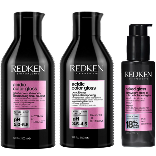 Redken Acidic Colour Gloss Shampoo 300ml, Conditioner 300ml & Naked Gloss Lightweight Hair Oil 100ml Trio
