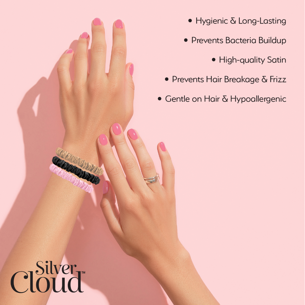 Silver Cloud Skinny Satin Scrunchies Mixed Pack of 5