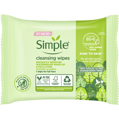 Simple Kind To Skin Cleansing Biodegradable Face Wipes Pack of 7