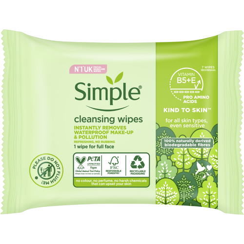 Simple Kind To Skin Cleansing Biodegradable Face Wipes Pack of 7