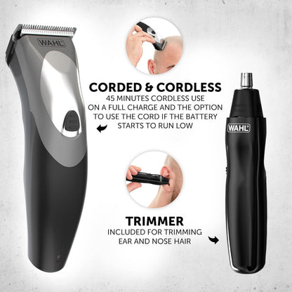 Wahl Clip N Rinse Plus Cord/Cordless Hair Clipper & Nose Trimmer Grooming Set