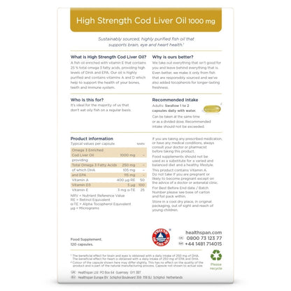 Healthspan High Strength Omega 3 Cod Liver Oil 1000mg 120 Capsules