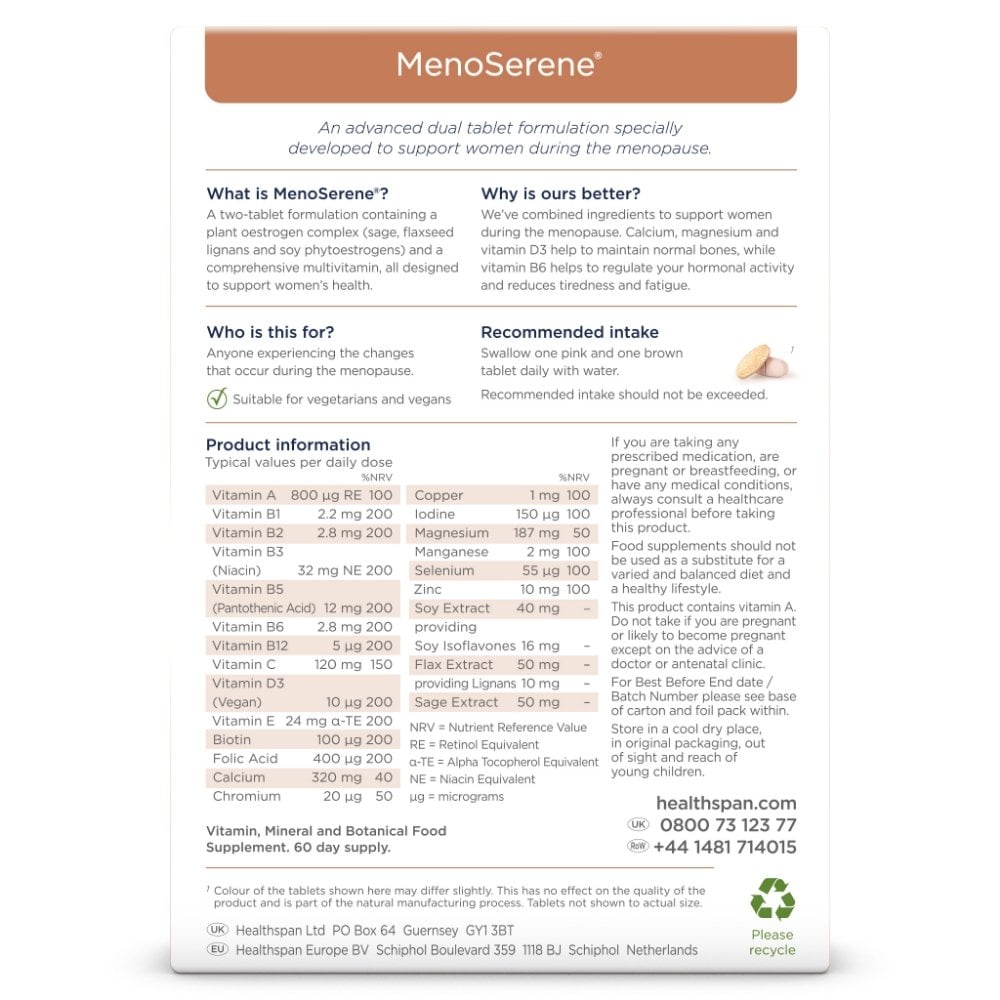 Healthspan Menoserene Soy Isoflavones, Flaxseed & Sage Nutritional Support for Mature Women 60 Day Supply