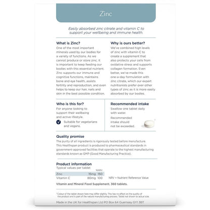 Healthspan Zinc with Vitamin C 360 Tablets