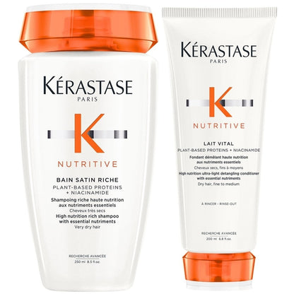 Kérastase Nutritive Bain Satin Riche High Nutrition Rich Shampoo 250ml & Nutritive Lait Vital High Nutrition Ultra-Light Conditioner 200ml Twin