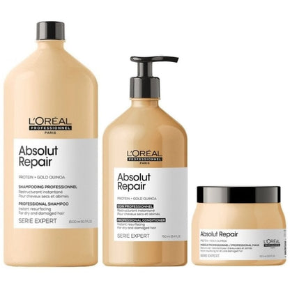 L'Oreal Professionnel Serie Expert Absolut Repair Protein + Gold Quinoa Instant Resurfacing Shampoo 1500ml, Conditioner 750ml & Mask 500ml Trio