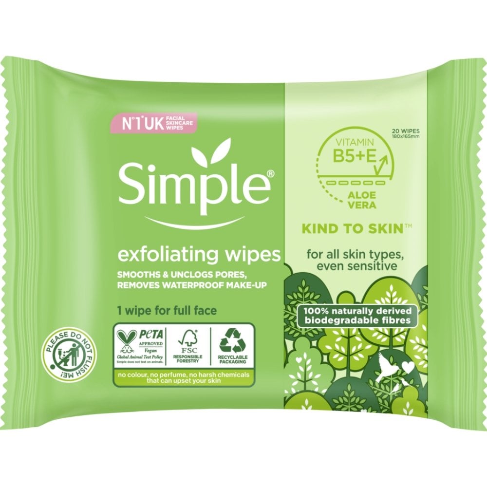 Simple Kind To Skin Biodegradable Exfoliating Face Wipes Pack of 20