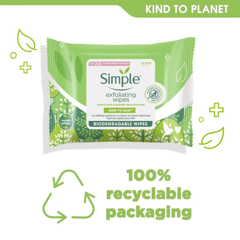 Simple Kind To Skin Biodegradable Exfoliating Face Wipes Pack of 20