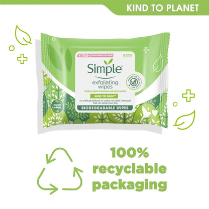 Simple Kind To Skin Biodegradable Exfoliating Face Wipes Pack of 20