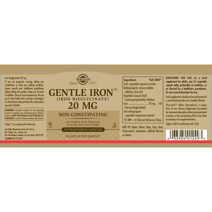 Solgar Gentle Iron Iron Bisglycinate 20 mg 90 Vegetable Capsules