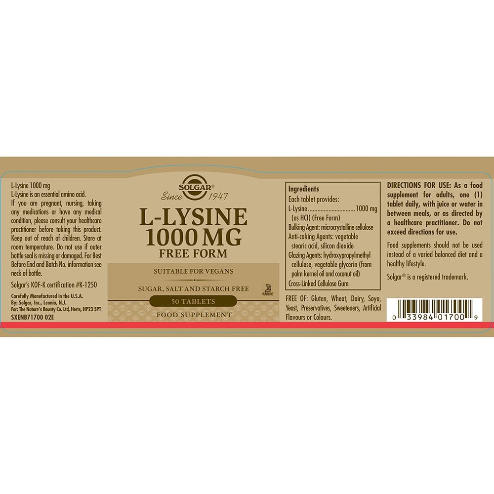 Solgar L-Lysine 1000 mg Free Form 50 Tablets