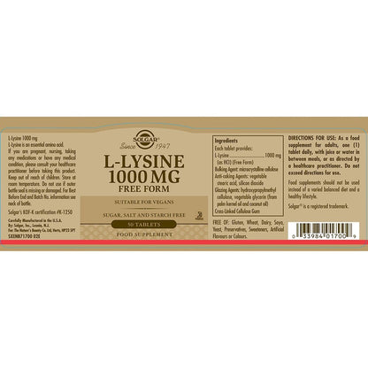 Solgar L-Lysine 1000 mg Free Form 50 Tablets
