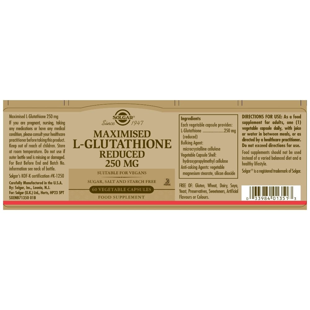 Solgar Maximised L-Glutathione Reduced 250 mg 60 Vegetable Capsules