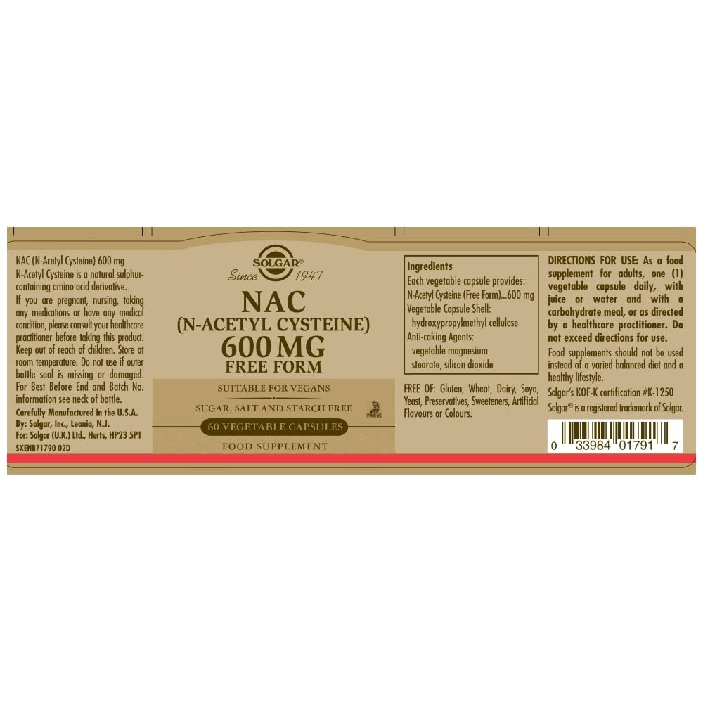 Solgar NAC N-Acetyl Cysteine 600 mg 60 Vegetable Capsules
