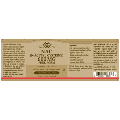 Solgar NAC N-Acetyl Cysteine 600 mg 60 Vegetable Capsules