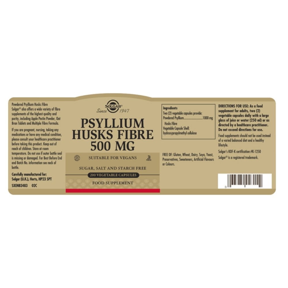 Solgar Psyllium Husks Fibre 500 mg 200 Vegetable Capsules