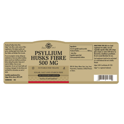 Solgar Psyllium Husks Fibre 500 mg 200 Vegetable Capsules