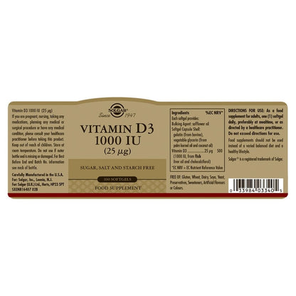 Solgar Vitamin D3 1000 IU 25 µg 100 Softgels