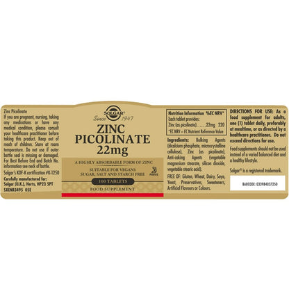 Solgar Zinc Picolinate 22 mg 100 Tablets